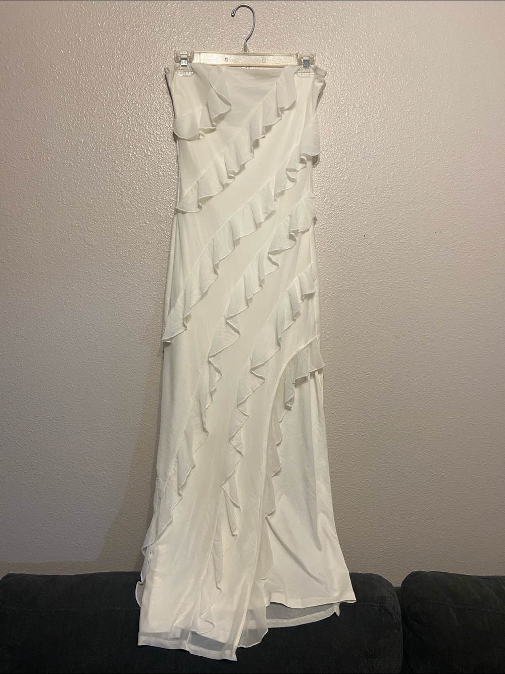 Women's White Ruffle-Trim Strapless Maxi Dress